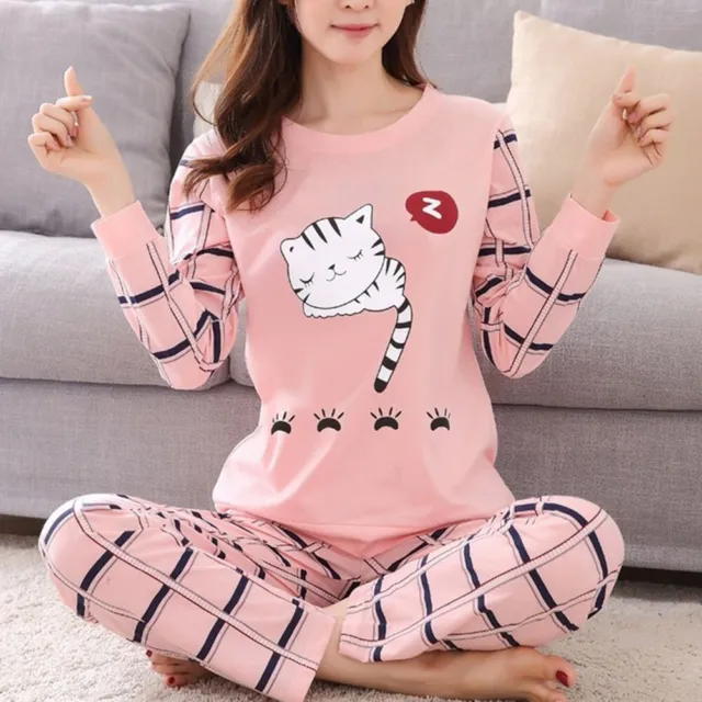 Winter Cute Cartoon Cat Print Pajama Set Women Two-Pieces Long Sleeve Sleepwear