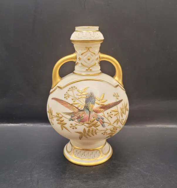 Royal Worcester Blush Ivory Bottle Vase 1034 Hummingbird Raised Gilding 1890