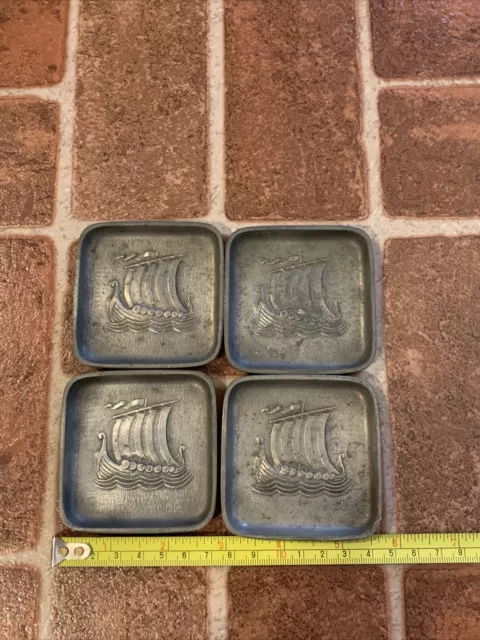 Set Of 4x David Andersen Stopt Tinn Cast Pewter Viking Ship Mini Dishes Norway