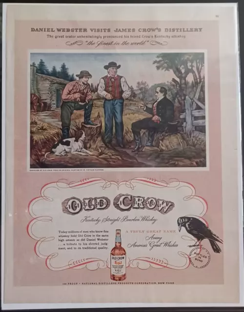 1949 Old Crow Vintage Print Ad 1940s Kentucky Straight Bourbon Whiskey Dog Cabin