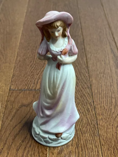 Vintage Lady Porcelain Figurine In White & Pink Gown With Light Brown Hair Vtg