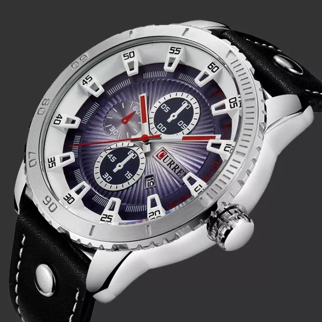 CURREN Men Sport Stainless Steel Leather Band Date Waterproof Quartz Wrist Watch