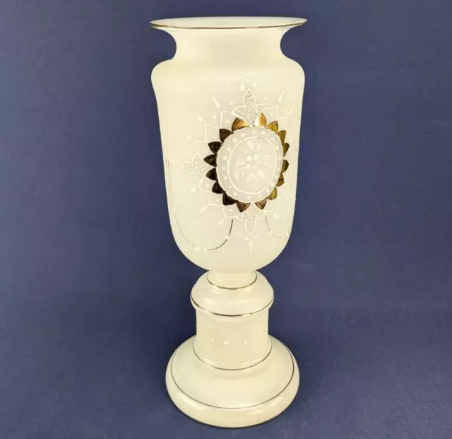 1940's Hand-Painted Opaque Frosted Glass Vase with Gold Trim Floral Design