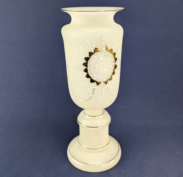 1940's Hand-Painted Opaque Frosted Glass Vase with Gold Trim Floral Design