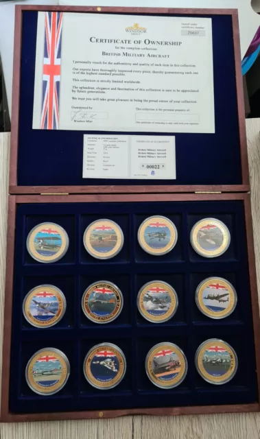 Full Set of 12 Gold Plated Coins of British Military Aircraft in Box with Cert