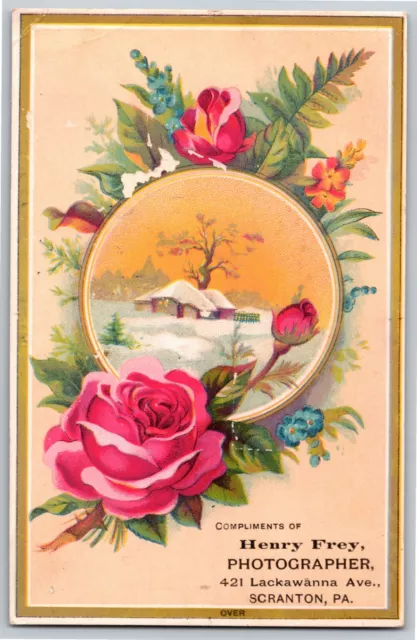 Henry Frey Photographer Scranton, PA Victorian Trade Card Rose Winter Scene