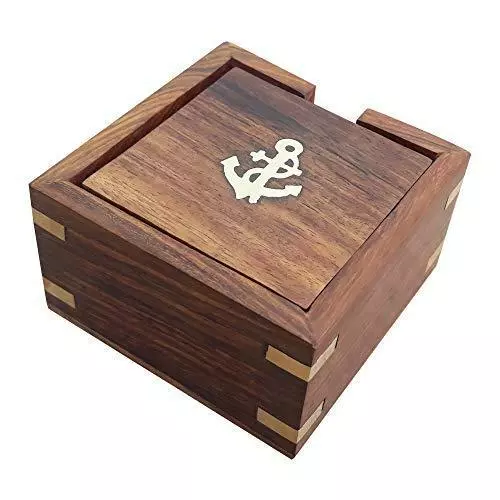 Wooden Anchor Design table Coasters with Wood Holder Set of 6 - MADE IN INDIA