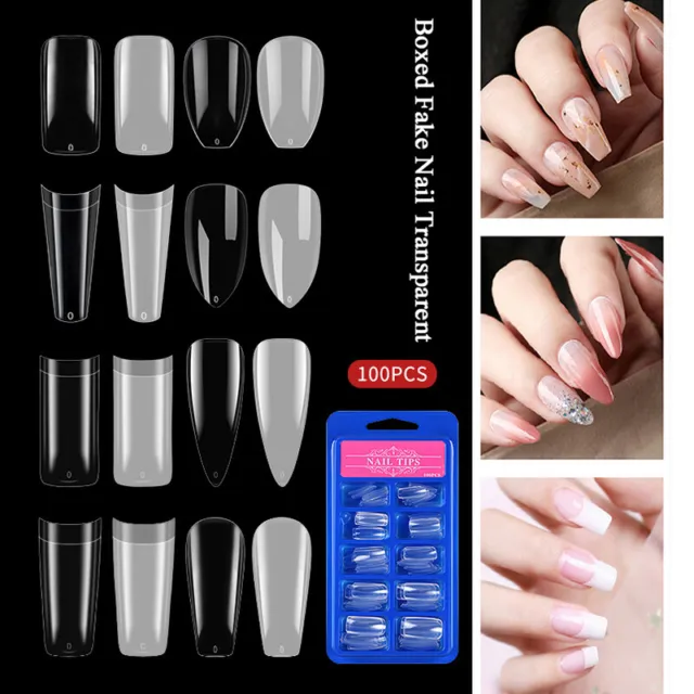 100PC French Acrylic False Nail Tips Stiletto Almond Coffin Natural Clear UV Gel