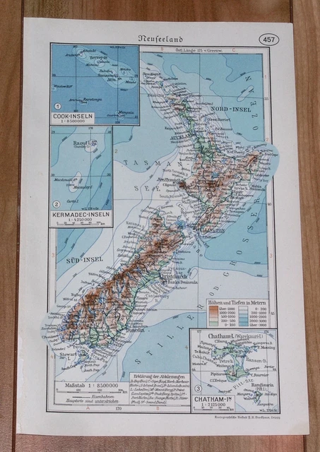 1938 Original Vintage Map Of New Zealand Cook Kermadec Chatham Islands