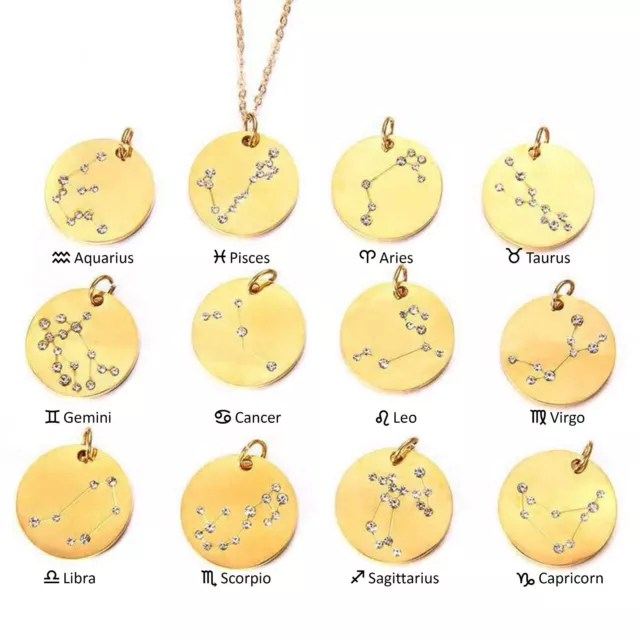 Gold Colour Astrology Horoscope Star Sign Constellation Zodiac Disc Necklace