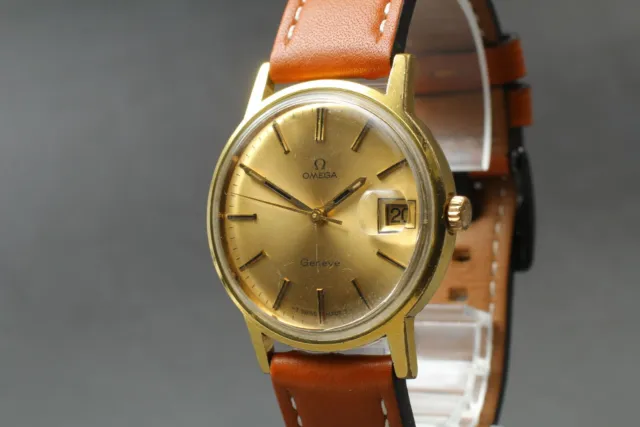 Omega Geneve Automatic Gold Dial GP Case Men's Watch-Swiss Made