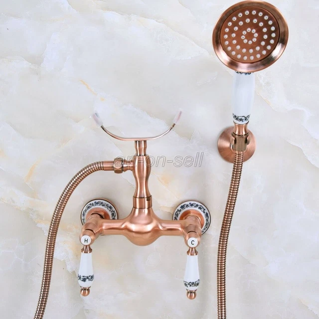 Red Copper Wall Mount Bathroom Shower Faucet Hand Held Shower Set Mixer Tap