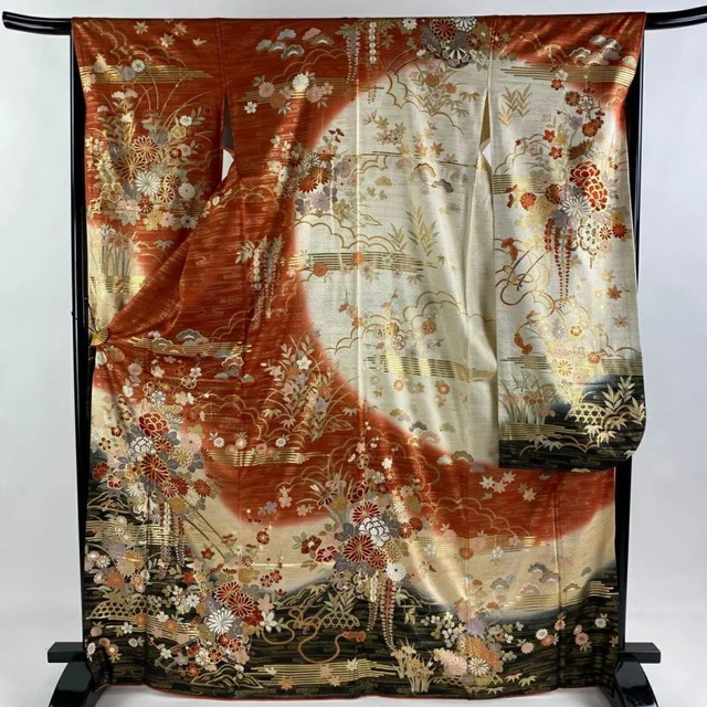 JAPANESE KIMONO FURISODE LONG SLEEVES LADIES WOVEN SILK 100% GOLD COLOR 169cm