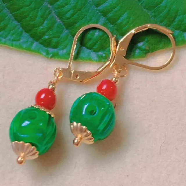 Natural Pumpkin shape Jadeite South red beads gold Earring Office Handmade