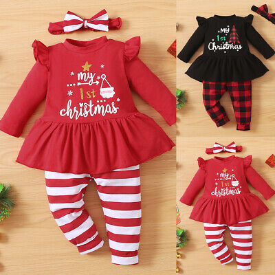 Baby Girls My 1st Christmas Outfit Suit Headband Romper Pants Set Xmas Clothes