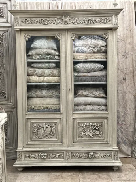 Antique French Carved Glazed Door Cabinet Wardrobe LineN Press