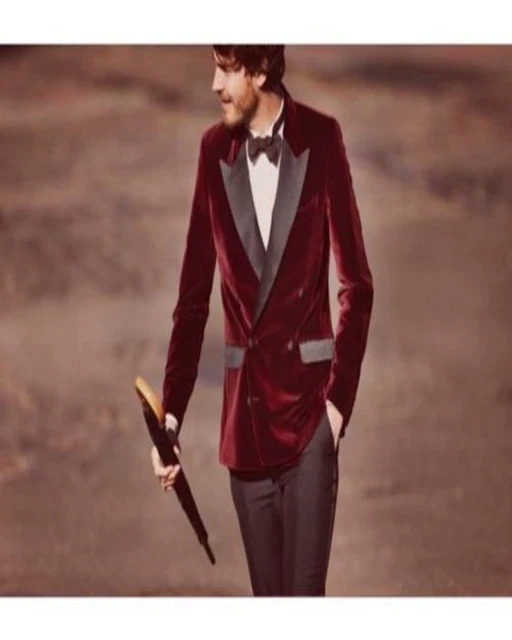 UOMO VELLUTO SMOKING Giacca Blazer Burgundy Elegante Lusso Natale