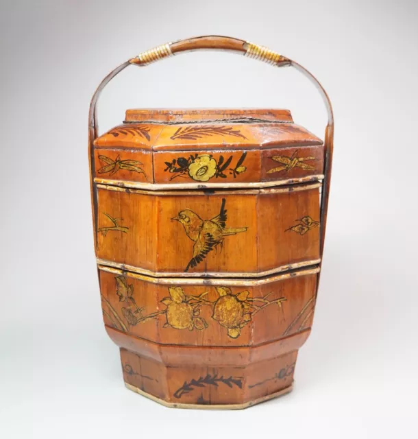 Antique Chinese Wedding Basket 2 Tier Wood HandPainted Bird Floral 14" H Signed