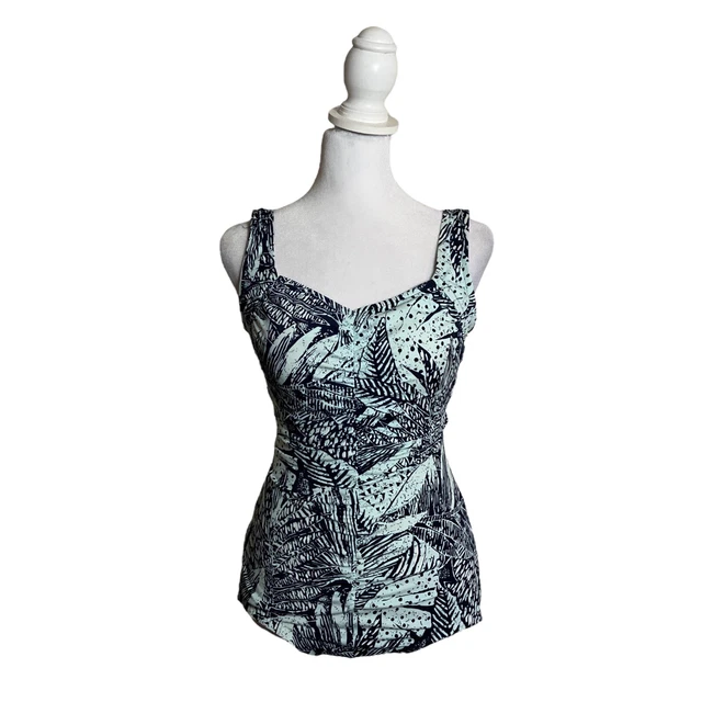 Rose Marie Reid One Piece Ruched Style Womens Blue Tropical Foliage Swim Suit 8
