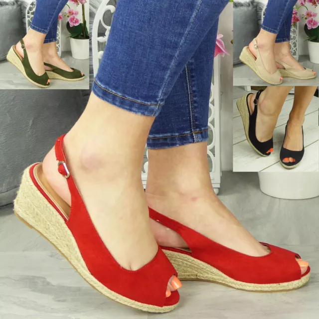 Ladies Espadrilles Sandals Shoes Slingback Wedge Womens Work Buckle Peeptoe Size