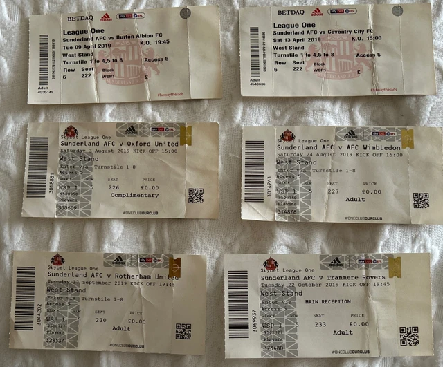 JOB LOT OF 6 used match tickets Sunderland at home seasons 2018-19 ...