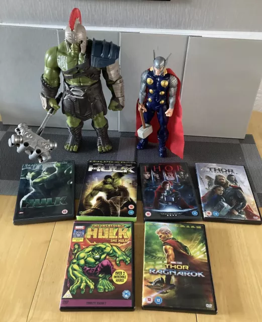 Hasbro 2017 Marvel  Hulk Thor Ragnarok 14” Talking Figure With Thor 12” And Dvds