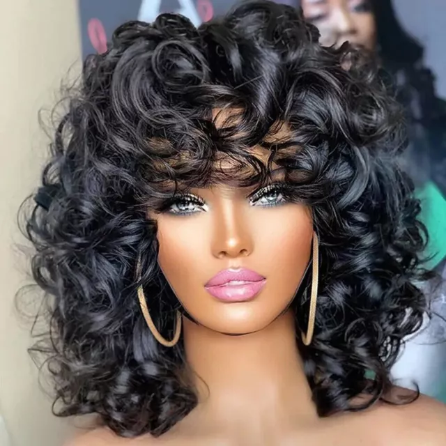 Parrucca corta Bouncy Curly Bob con Bang Rose Curly Parrucche Capelli Umani Fatte A Macchina