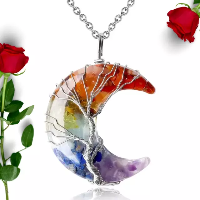 Woman's Necklace Tree Life Wire Wrapped Crescent Moon Phase Stone Pendant