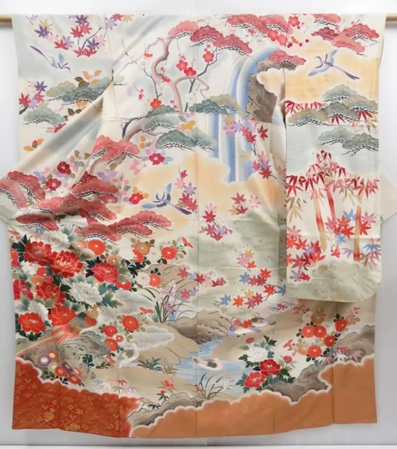 3305T02z1230  Japanese Kimono Silk FURISODE Scenery Off-white