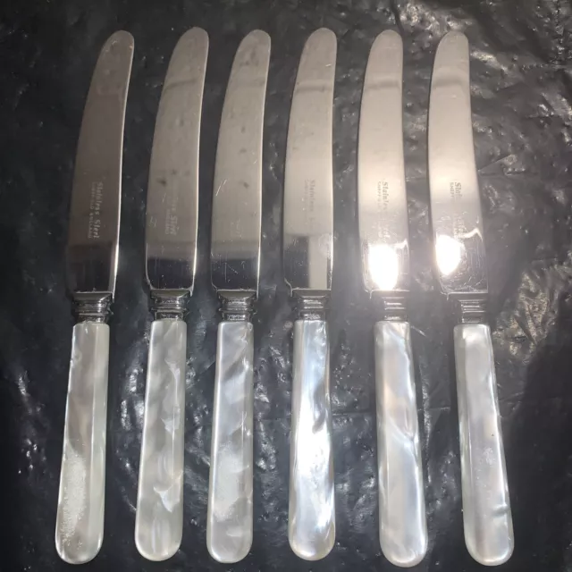 Vintage Faux Mother Of Pearl Butter Knives Set Of 6 Sheffield Stainless Steel 8”