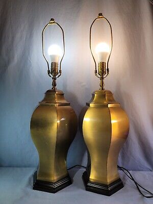 Brass Nightstand Table 2 Lamps Ginger Jar Empire Urn Hollywood Regency Style