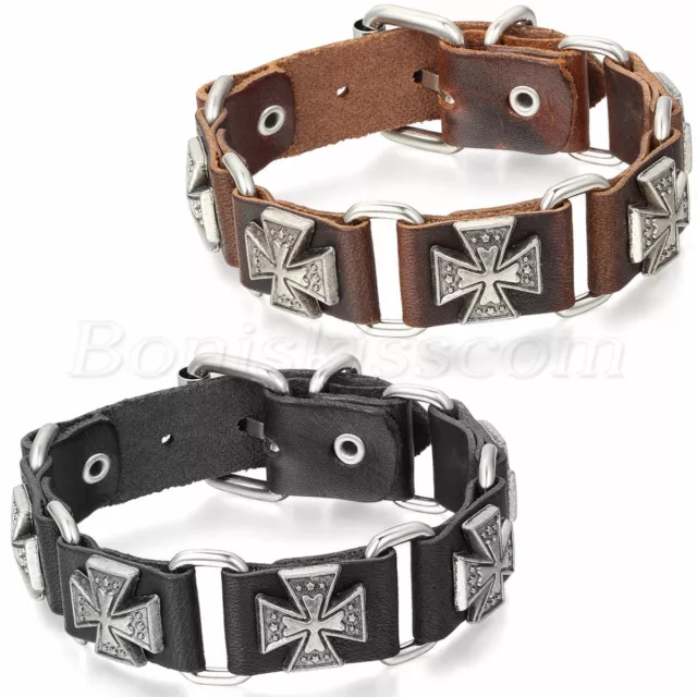 Men's Retro Punk Adjustable Leather Strap Bracelet Cross Cuff Bangle Wristband