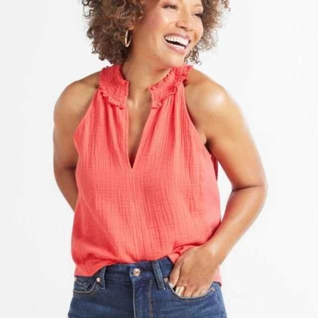 Evereve Serena Gauze Top Split Halter Neck Smocked Collar Ribbed Tank Pink Small