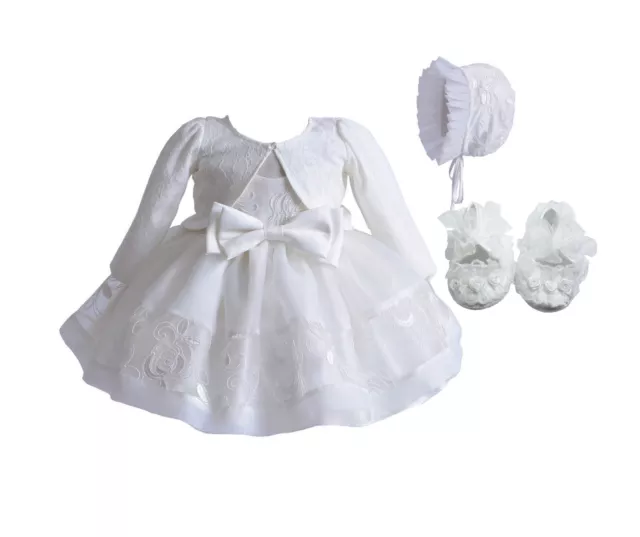 Baby Ivory Lace Christening Party Dress Bonnet Jacket Shoes 0 3 6 9 12 Months