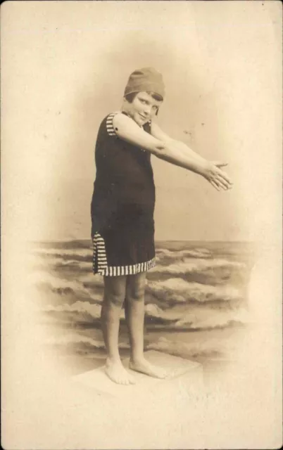 Young Girl in Vintage Swimsuit Studio Portrait c1910 Real Photo Vintage Postcard