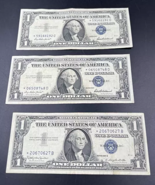 Lot of 3 1957 * Star Blue Note Silver Certificate One Dollar Bills CH VG / Fine