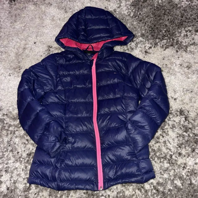 Tommy Hilfiger Girls Blue Pink Down Feather Puffer Winter Jacket Medium 8-10 EUC