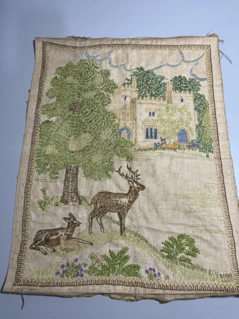 Vintage Tapestry Needlepoint Wall Art - Nature, Castle, Deer - Circa 1960s