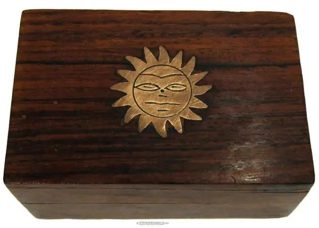 Wood Brass Inlaid SUN Trinket Jewellery Ring Gift Presentation Box 7 x 7.5 cm