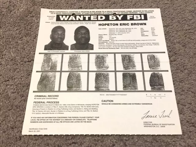 2001 FBI WANTED Poster Hopeton Eric Brown Murder, Drug Conspiracy 8x8 ...