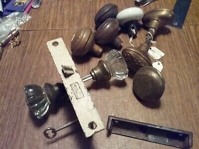 Lot of  Antique Ornate Brass Door Knobs - glass set with key brass  parts etc as 2