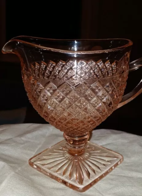 Vintage Anchor Hocking Glass Pink Miss America Diamond Pattern Handled Creamer