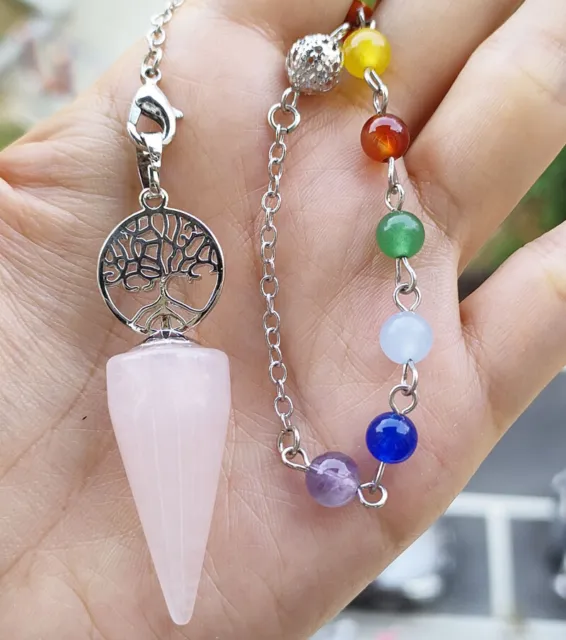 Rose Quartz Stone Chakra Pendulum Pendant tree Energy Power Reiki Healing Amulet