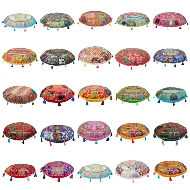 Vintage Kantha Patchwork Floor Cushion Cover Indian Decorative Ottoman Pouffe