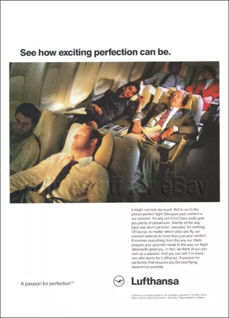 1991 LUFTHANSA Airlines BOEING 747 UPPER DECK FIRST CLASS ad advert airways