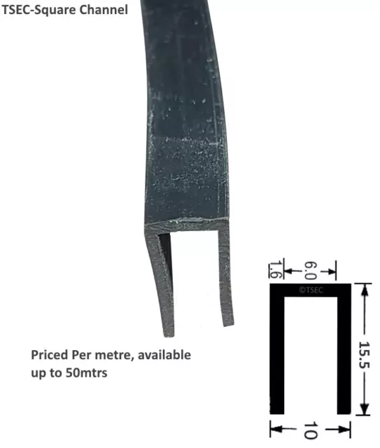 6mm Square Edge Rubber U Channel Trim Seal - Per Metre