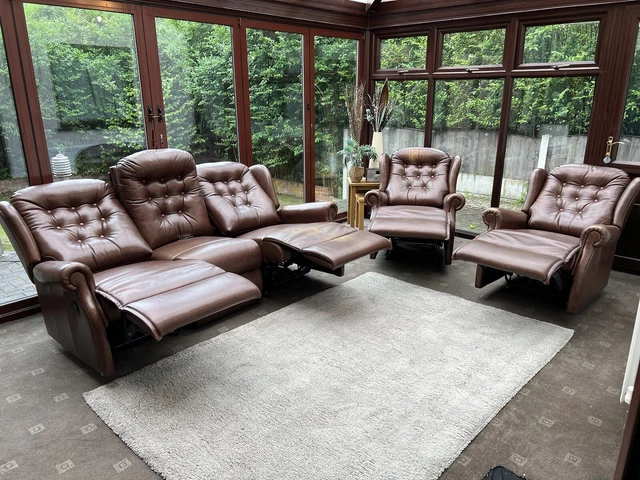Sherborne®️ Lynton 3 Seater Recliner Sofa + 2 Armchairs Brown Leather RRP £5267