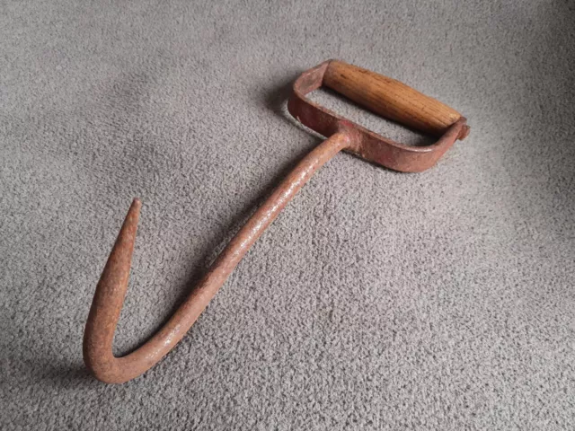 ANTIQUE FARM PRIMITIVE Hay Hook Hand Tool Iron With Wood Handle