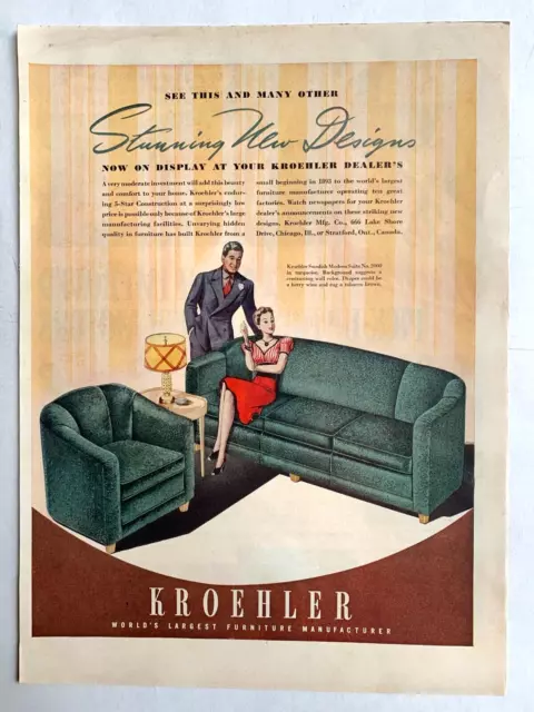 1939 Kroehler Furniture Print Ad 14" x 10"  Swedish Modern Suite No 2000