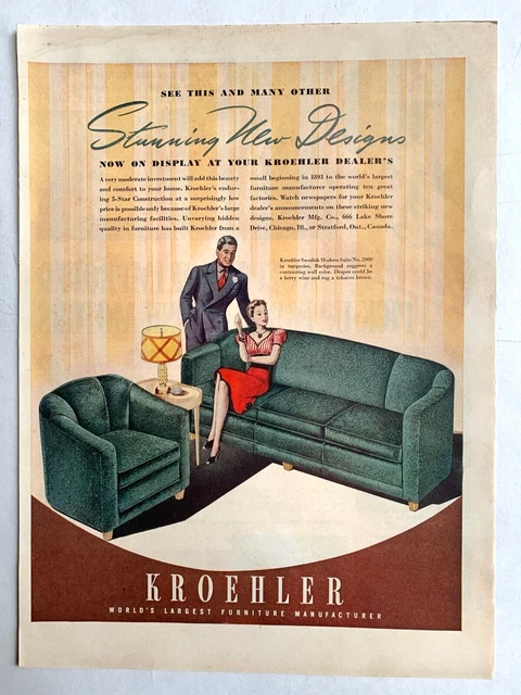 1939 Kroehler Furniture Print Ad 14" x 10"  Swedish Modern Suite No 2000